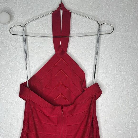 NWT Herve Leger ICON BANDAGE HALTER GOWN Large Rio Red - Picture 8 of 16